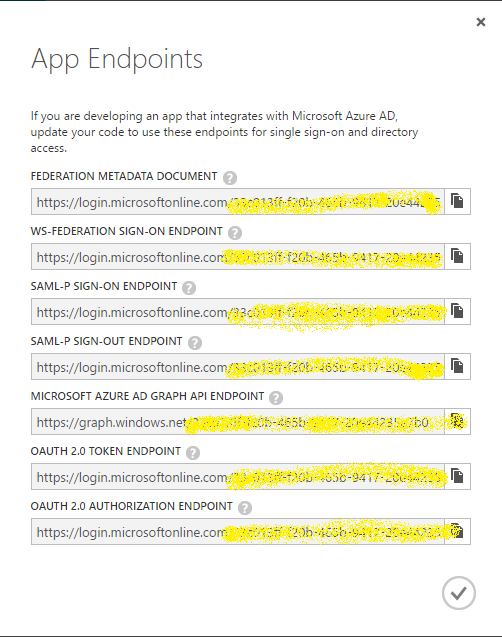 Screenshot showing various endpoints for Azure AD integration