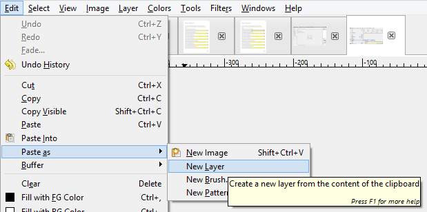 Screenshot showing GIMP's paste as new layer feature