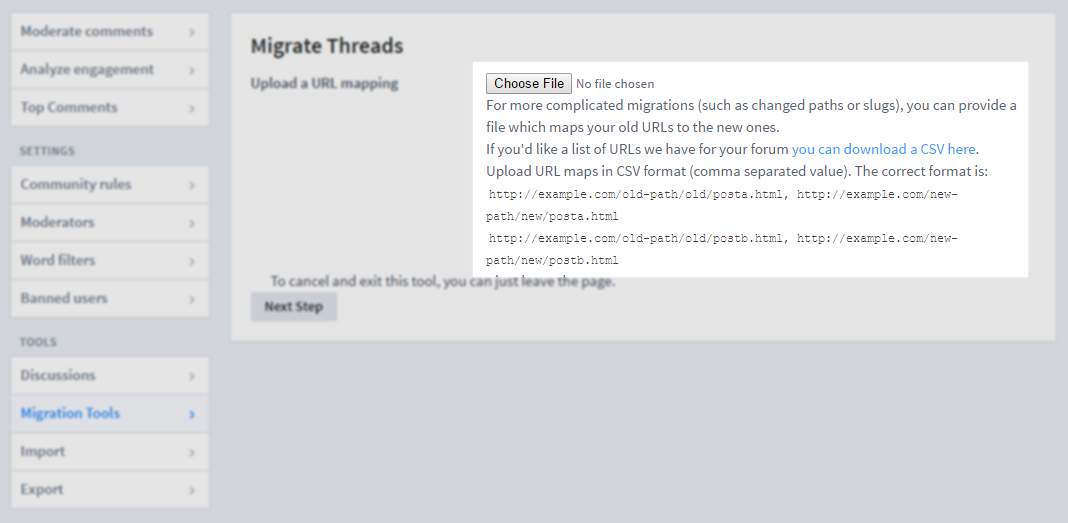 Screenshot showing Disqus migration upload UI