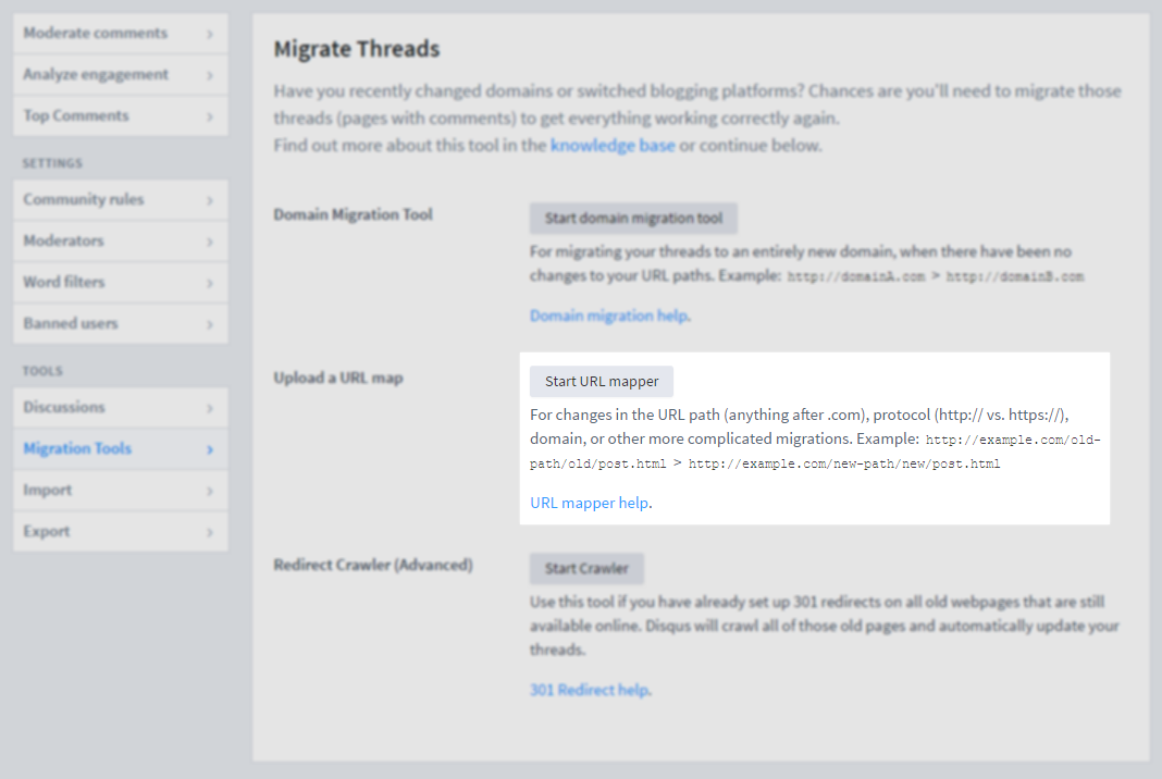 Screenshot showing Disqus migration UI