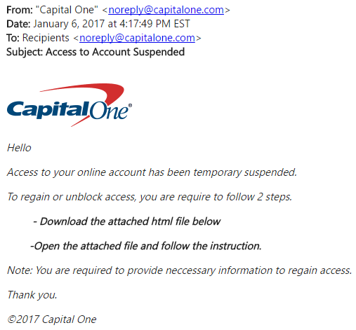 Screenshot showing fake email from Capital One asking for PII