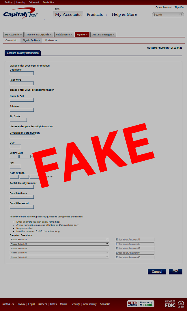 Screenshot showing fake Capital One site via email attachment